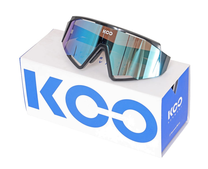 KOO Eyewear Spectro Cycling Sunglasses Black Blue Mirrored Lens Bike Road Gravel