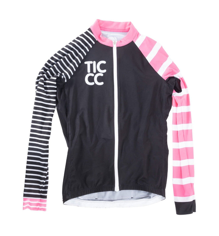 TIC CC Long Sleeve Jersey Men SMALL Black Pink Stripes + Arm Warmers Road Bike