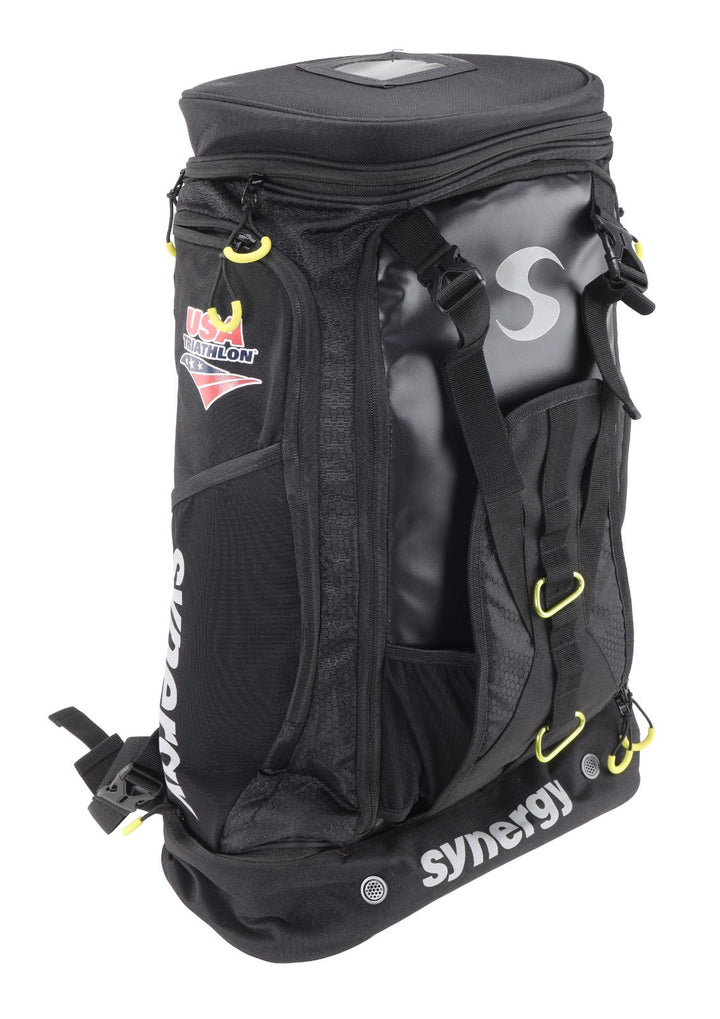 Synergy x USA Triathlon Transition Backpack Wet/Dry Zones BLACK Race Day Pack