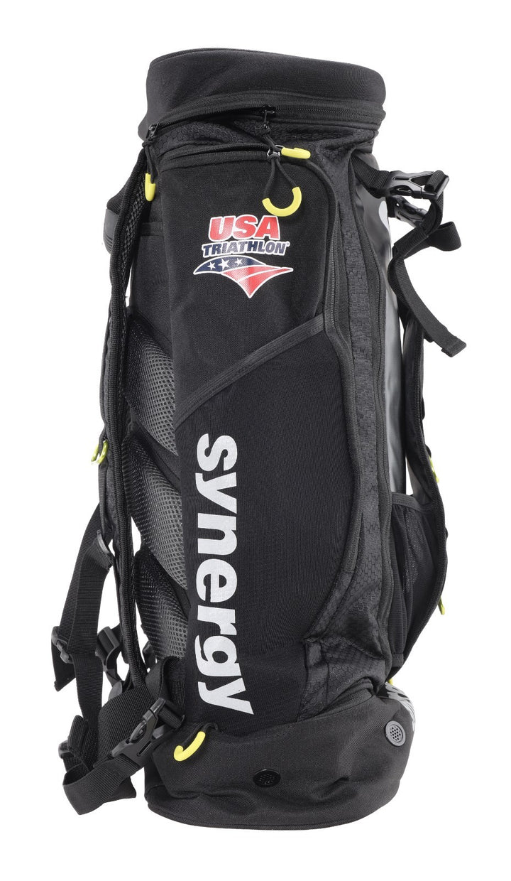 Synergy x USA Triathlon Transition Backpack Wet/Dry Zones BLACK Race Day Pack